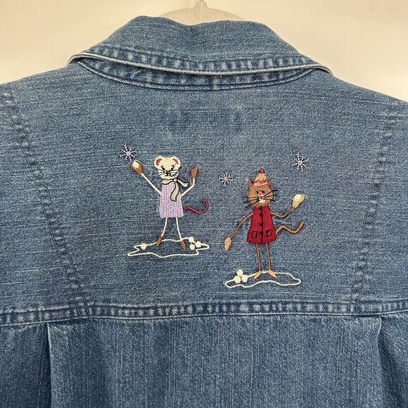 Y2K Christopher Banks Women L Denim Jacket Embroidered Cats Mice Cottagecore Vtg - Picture 6 of 11